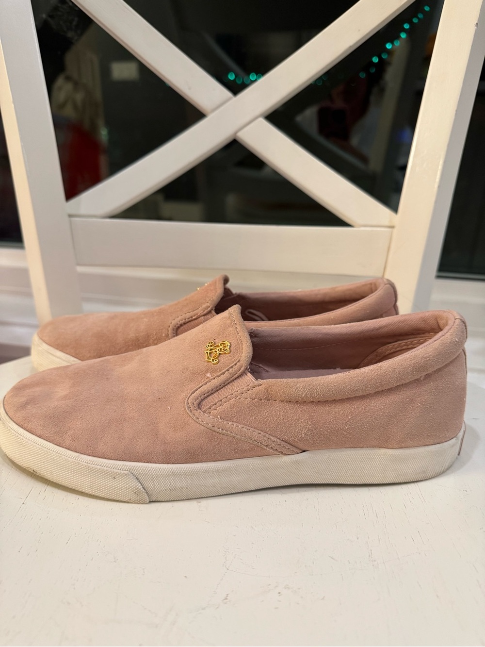 Ralph Lauren Blush Pink Suede Slip-On Sneakers Gold Logo Size 8